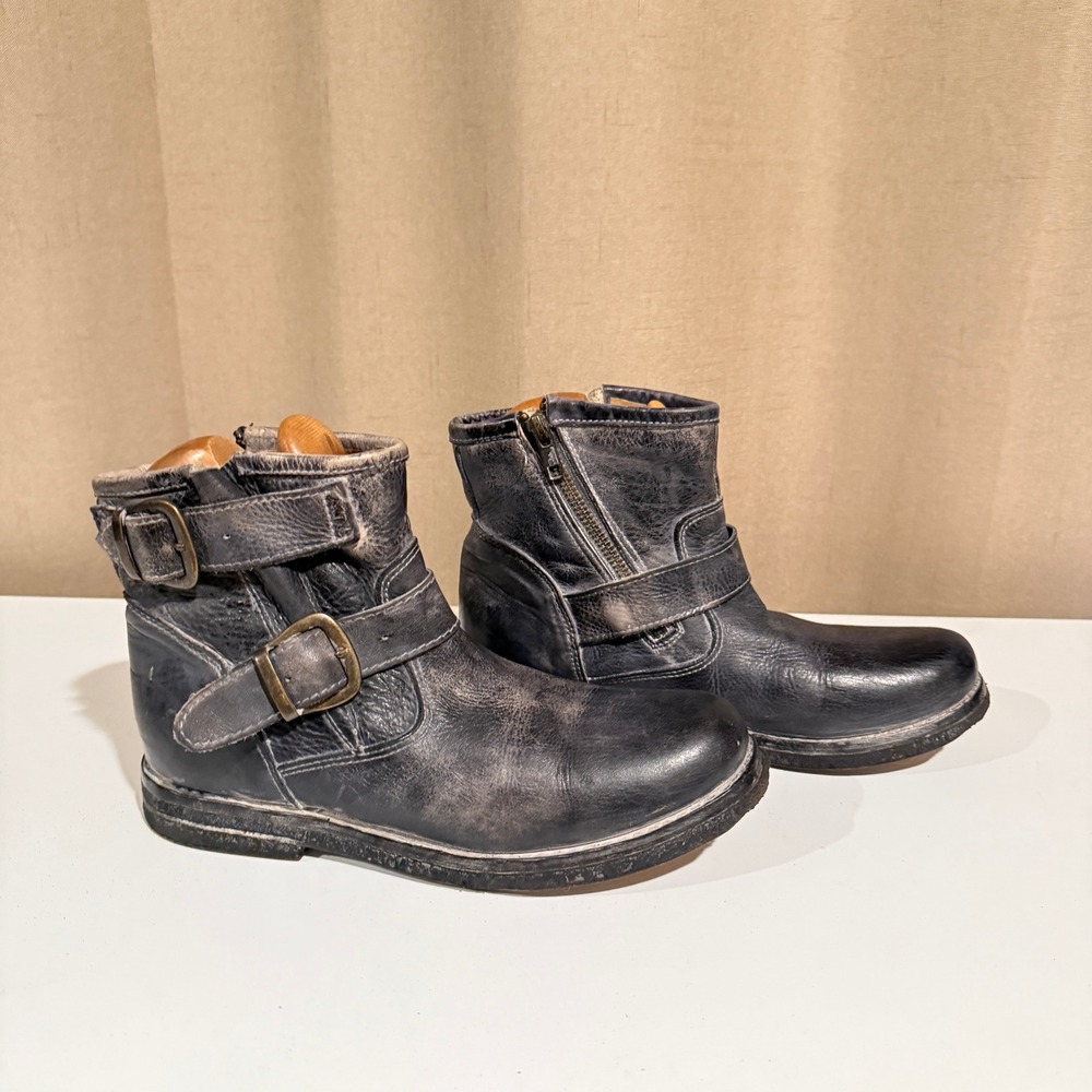 Bed Stu Manchester Black Distressed Leather Moto Ankle Boots 7.5 Zip Buckle